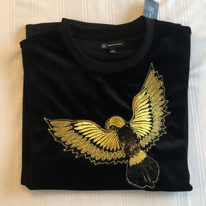 NWT INC Black Velour Golden Sequin Eagle Sweater